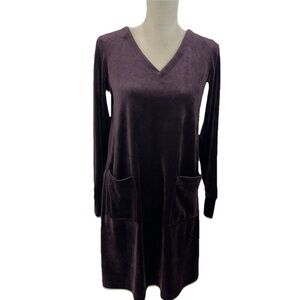 J Jill Pure Jill V Neck Velvet Tunic Dress Womens XS Relaxed Fit Purple Pockets